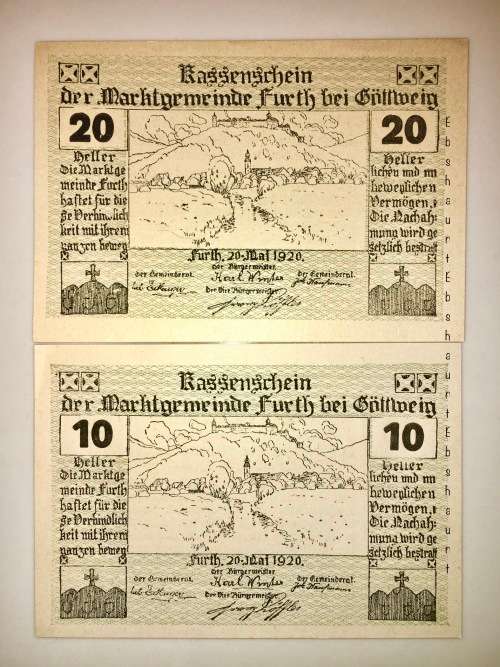 AUSTRIA X2,,,,20 HELLER  & 10 HELLER FURTH  1920 UNC  NOTGELD (EMERGENCY MONEY)