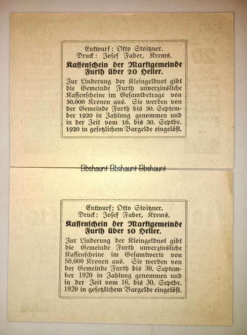 AUSTRIA X2,,,,20 HELLER  & 10 HELLER FURTH  1920 UNC  NOTGELD (EMERGENCY MONEY)