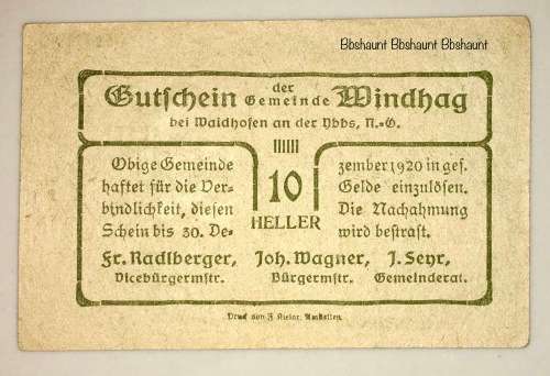 AUSTRIA ,,,,10 HELLER  WINDHAG 1920 UNC  NOTGELD (EMERGENCY MONEY)