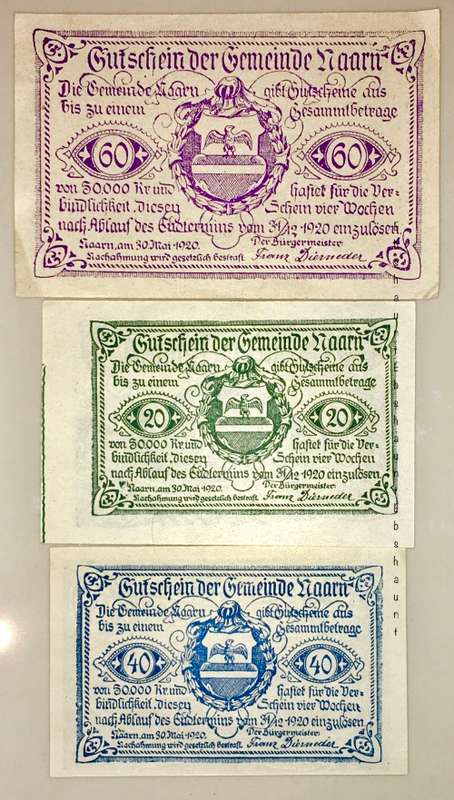 AUSTRIA SET X3 ,,,,60 HELLER , 40 HELLER & 20 HELLER  NAARN 1920 UNC  NOTGELD (EMERGENCY MONEY)