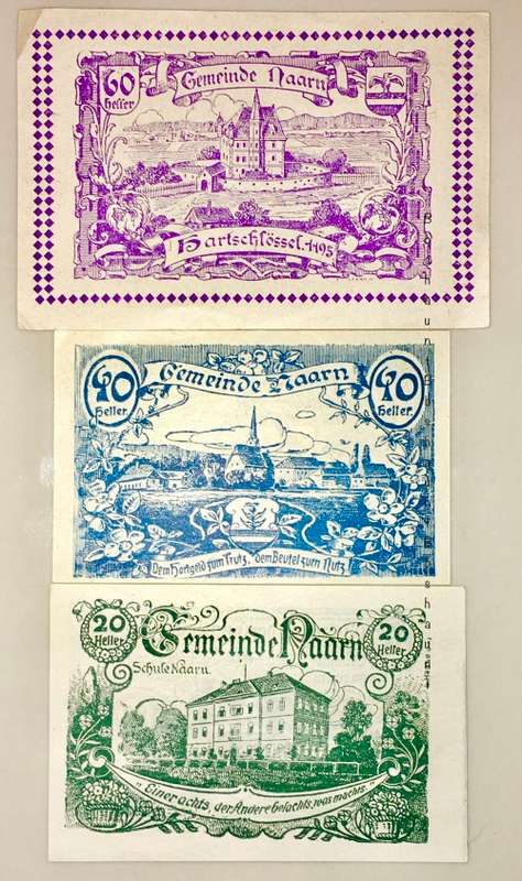 AUSTRIA SET X3 ,,,,60 HELLER , 40 HELLER & 20 HELLER  NAARN 1920 UNC  NOTGELD (EMERGENCY MONEY)