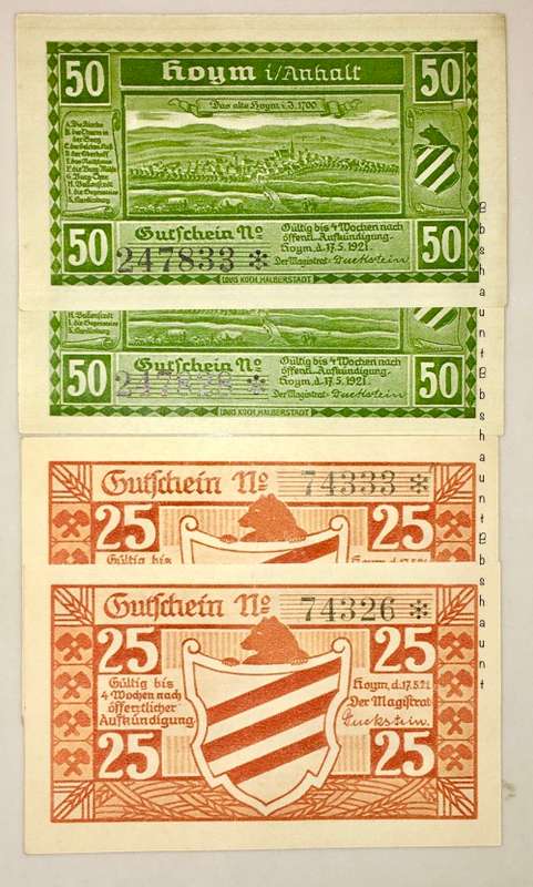 GERMANY REPLACEMENT SET X4,,,50 PFENNIG CLOSE IN SEQ & 25 PFENNIG UNC  NOTGELD (RARE STAR NOTE)