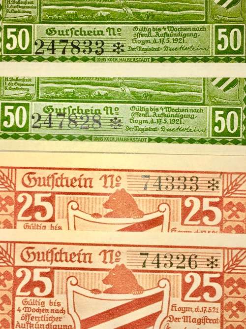 GERMANY REPLACEMENT SET X4,,,50 PFENNIG CLOSE IN SEQ & 25 PFENNIG UNC  NOTGELD (RARE STAR NOTE)