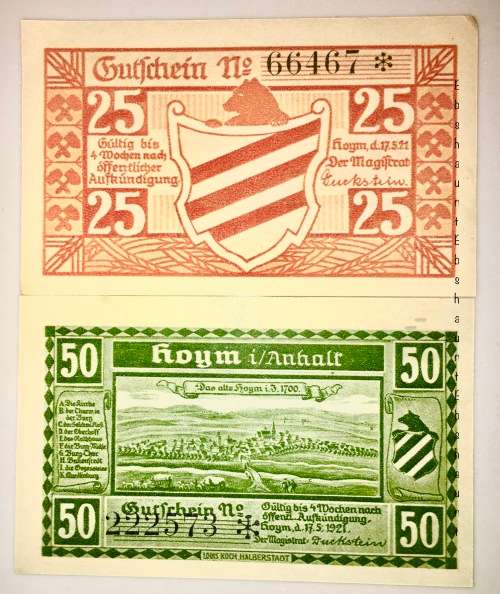 GERMANY REPLACEMENT SET X2,,,50 PFENNIG & 25 PFENNIG 1921 HOYM UNC  NOTGELD (RARE STAR NOTE)