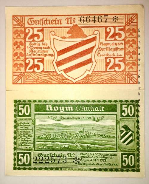 GERMANY REPLACEMENT SET X2,,,50 PFENNIG & 25 PFENNIG 1921 HOYM UNC  NOTGELD (RARE STAR NOTE)