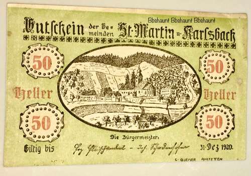 AUSTRIA 50 HELLER ST MARTIN 1920 ,AUNC  NOTGELD (EMERGENCY MONEY)