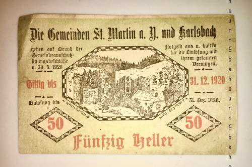 AUSTRIA 50 HELLER ST MARTIN 1920 ,AUNC  NOTGELD (EMERGENCY MONEY)