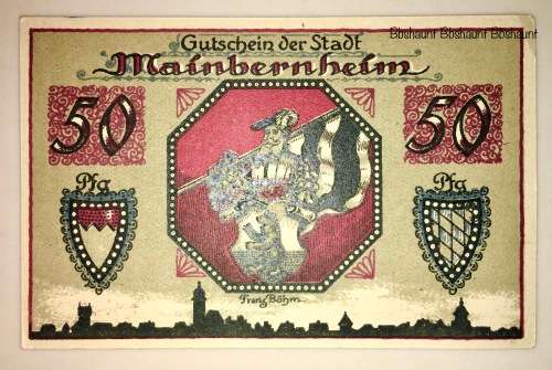 GERMANY ,,,50 PFENNIG MAINBERNHEIM 1920  CRISP  UNC  NOTGELD (EMERGENCY MONEY)