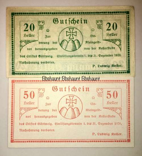 AUSTRIA SET X2 ,, 50 HELLER  & 20 HELLER ROLLERTUBE 1920 CRISP UNC  NOTGELD (EMERGENCY MONEY)