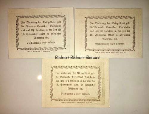 AUSTRIA SET X3,,,50 HELLER, 20 HELLER & 10 HELLER GERERSDORF 1920 CRISPUNC  NOTGELD(EMERGENCY MONEY)