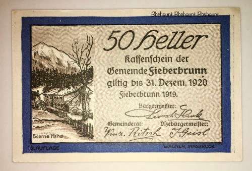 AUSTRIA ,,,50 HELLER FIEBERBRUNN 1920 CRISP UNC  NOTGELD(EMERGENCY MONEY)