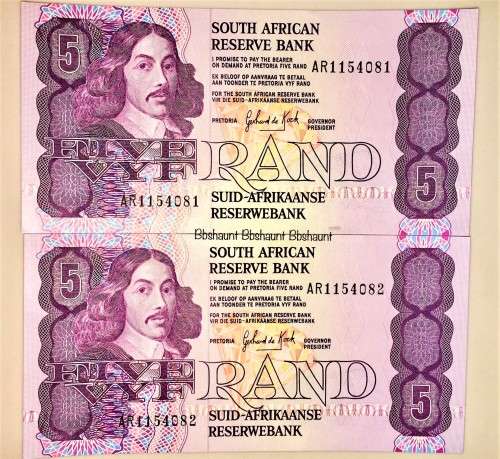 R5 X2 IN SEQUENCE AR1154082-081 3RD ISSUE 1980'S DE KOCK UNC ( 1 BID TAKES ALL)