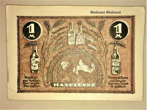 GERMANY , ,,1 MARK  DIE DREI BRENNEREIEN 1921 HIGH GRADE NOTGELD (EMERGENCY MONEY)