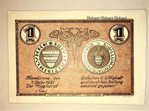 GERMANY , ,,1 MARK  DIE DREI BRENNEREIEN 1921 HIGH GRADE NOTGELD (EMERGENCY MONEY)