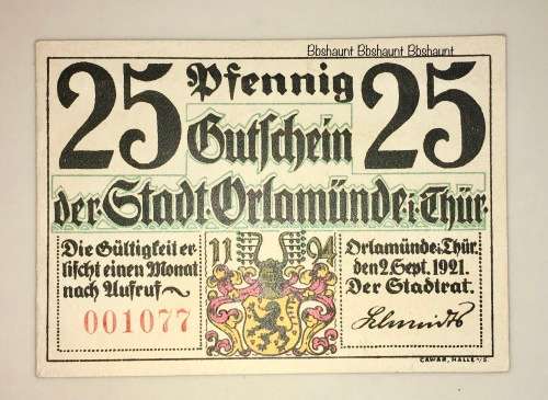 GERMANY , ,,25 PFENNIG ORLAMÜNDE 1921 HIGH GRADE NOTGELD (EMERGENCY MONEY)