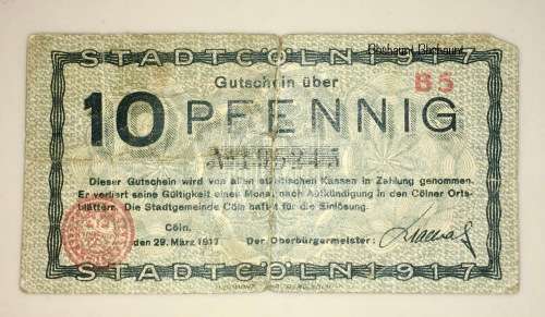 GERMANY , ,,10 PFENNIG  COLN 1917   NOTGELD (EMERGENCY MONEY)