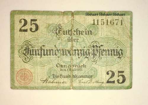 GERMANY , ,,25 PFENNIG OSNOORUCK  1917   NOTGELD (EMERGENCY MONEY)