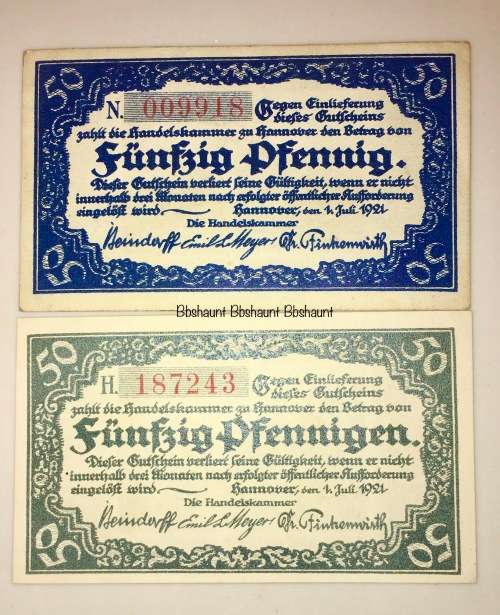 GERMANY ,50 PFENNIG HANNOVER BOTH VARIANTS 1921 UNC  HIGH GRADE NOTE NOTGELD (EMERGENCY MONEY)