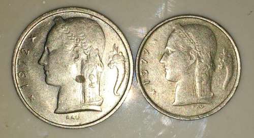 BELGIUM 5 FRANC 1972 & 1 FRANC 1977