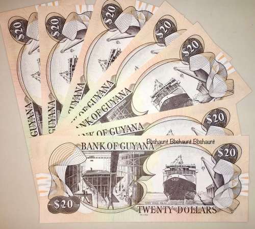 GUYANA $20 DOLLARS IN SEQUENCE C58-090635-641 UNC CRISP NOTES 1996(BID PER NOTE)