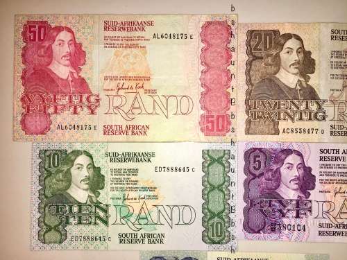 COMPLETE SET OF DE KOCK & DECIMALS  R50 TO R2 1980s HIGH GRADE NOTES [1 BID TAKES ALL]