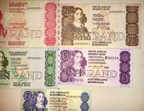 COMPLETE SET OF DE KOCK & DECIMALS  R50 TO R2 1980s HIGH GRADE NOTES [1 BID TAKES ALL]