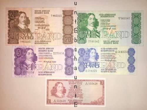 COMPLETE SET OF TW DE JONG, R20 , R10 , R5, R2 FOURTH ISSUE & R1 3RD -1975-9 VAN RIEBEECK WATERMARK