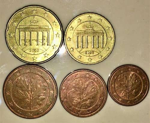 EURO SET  X5,,,,50 CENT J, 10 CENT J, 5 CENT D, 2 CENT F, and 1 CENT G, GERMANY 2002