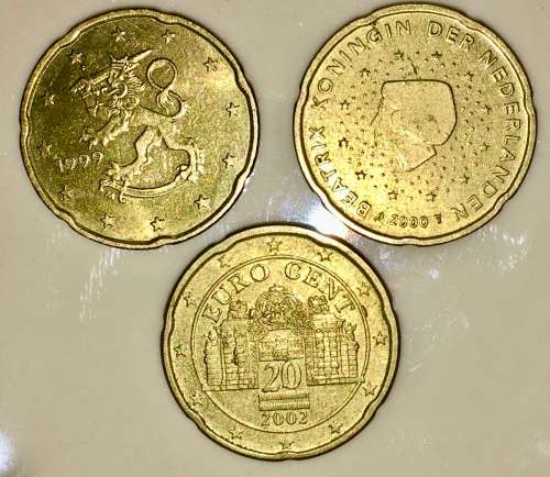 EURO SET  X3,,,,,20 CENT AUSTRIA 2002, NEDERLANDS 2000 , FINLAND 1999(1 BID TAKES ALL)