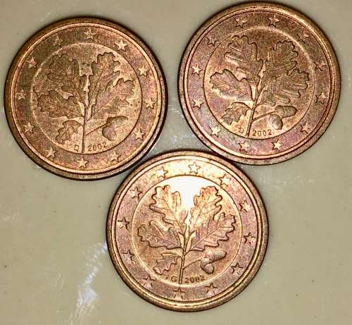 EURO SET  X3,,,,,1 CENT 2002 G and D GERMANY(1 BID TAKES ALL)
