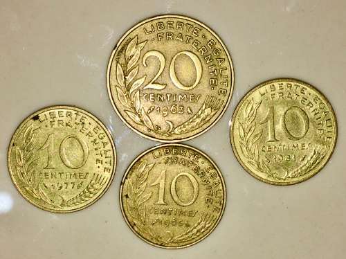 FRANCE,,,,,,20 CENTIMES 1963, 10 CENTIMES 1965, 1977, 1981 (1 BID TAKES ALL)