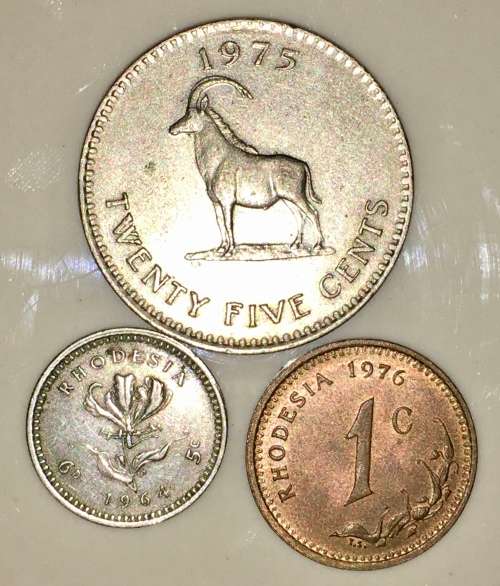 RHODESIA SET X3,,, 25 CENT 1975, 5 CENT 1964, 1 CENT 1976 ( 1 BID TAKES ALL)