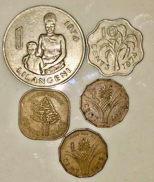 SWAZILAND SET X5,,,,1 EMALANGENI, 10 CENT 1974, 2 CENT 1975 & 1 CENT 1974 & 75 ( 1 BID TAKES ALL)