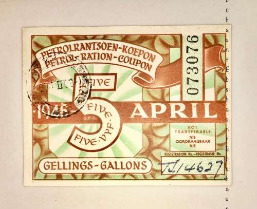 PETROL RATION COUPON 5 GALLONS 1946