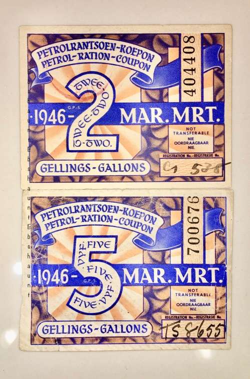 PETROL RATION COUPON SET 5 GALLONS & 2 GALLONS 1946 REGULATION OF WAR MEASURES