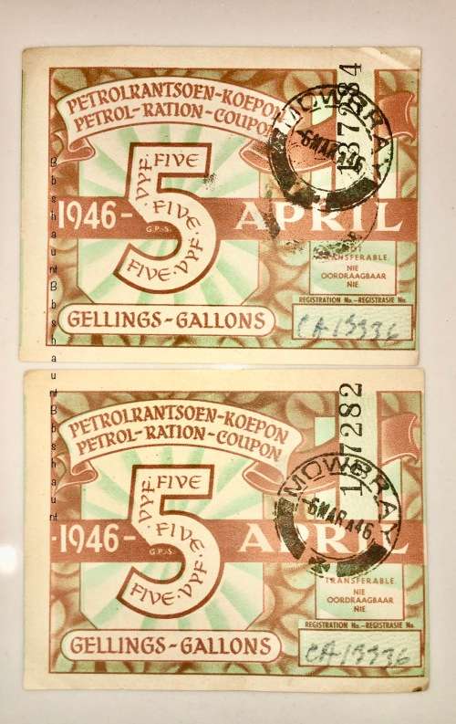 PETROL RATION COUPON X2,,, 5 GALLONS 1946 REGULATION OF WAR MEASURES