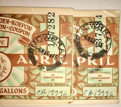 PETROL RATION COUPON X2,,, 5 GALLONS 1946 REGULATION OF WAR MEASURES