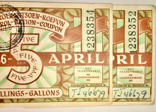 PETROL RATION COUPON X2,,, 5 GALLONS 1946 REGULATION OF WAR MEASURES