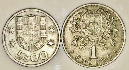 PORTUGAL,,,5 ESCUDOS 1968 & 1 ESCODOS 1967