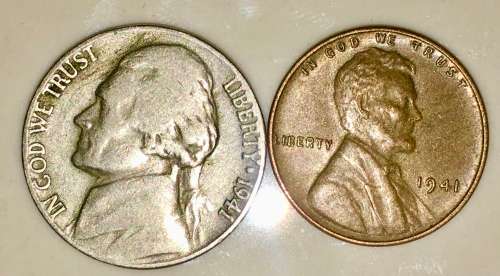 U.S.A SET,,,,,5 CENT (JEFFERSON NICKEL) & 1 CENT (WHEAT PENNY) 1941