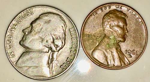 U.S.A SET,,,,,5 CENT (JEFFERSON NICKEL) & 1 CENT (LINCON PENNY) 1961 BOTH DENVER MINT