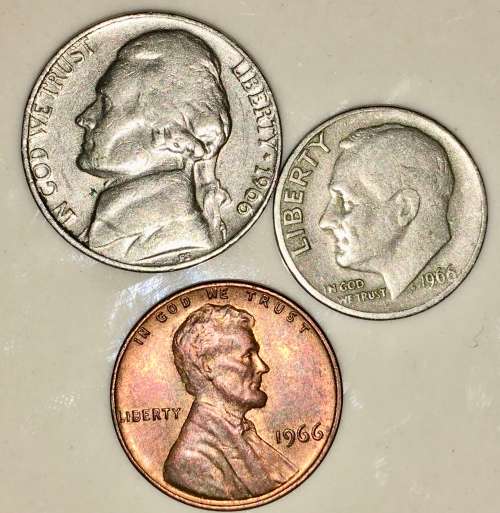 U.S.A SET,,,,1 DIME (ROOSEVELT) , 5 CENT (JEFFERSON NICKEL) & 1 CENT (LINCON ) 1966