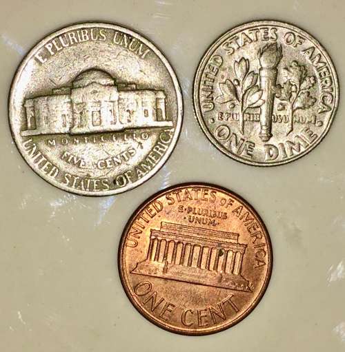 U.S.A SET,,,,,1 DIME (ROOSEVELT) ,5 CENT (JEFFERSON NICKEL) & 1 CENT (LINCOLN ) 1987