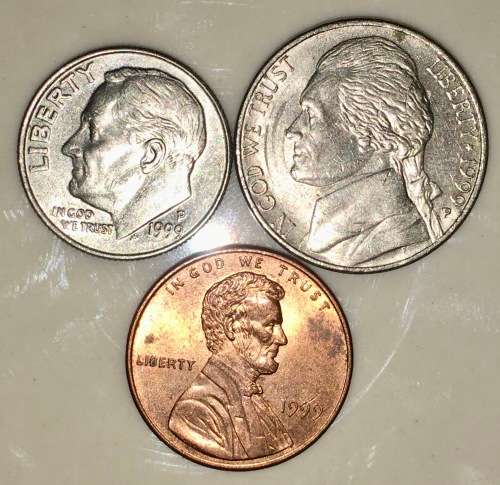U.S.A SET,,,,,1 DIME (ROOSEVELT) ,5 CENT (JEFFERSON NICKEL) & 1 CENT (LINCOLN ) 1999