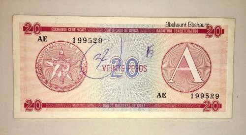 CUBA 20 PESOS EXCHANGE CERTIFICATE 1985