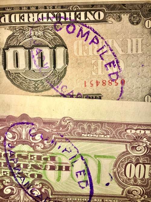 JAPAN 100 PESOS PHILIPPINES 1942  JAP OCCUPATION(STAMPED COMPIELD JAPWANCAP.INC)BID PER NOTE