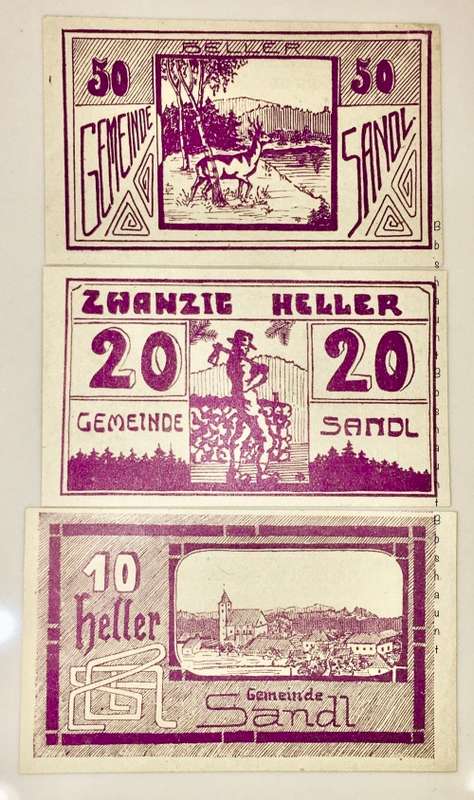 AUSTRIA SET ,,,50 HELLER, 20 H &10 HELLER,SANDL(PURP VARITY)1920 CRISP UNC  NOTGELD(EMERGENCY MONEY)