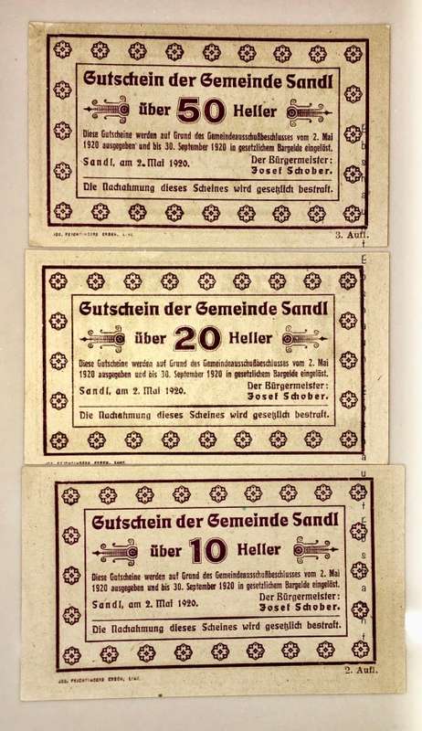 AUSTRIA SET ,,,50 HELLER, 20 H &10 HELLER,SANDL(PURP VARITY)1920 CRISP UNC  NOTGELD(EMERGENCY MONEY)