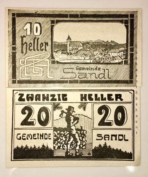 AUSTRIA SET,,,20 HELLER & 10 HELLER SANDL 1920 CRISP UNC  NOTGELD(EMERGENCY MONEY)