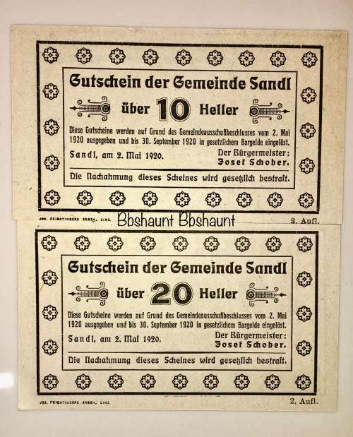 AUSTRIA SET,,,20 HELLER & 10 HELLER SANDL 1920 CRISP UNC  NOTGELD(EMERGENCY MONEY)